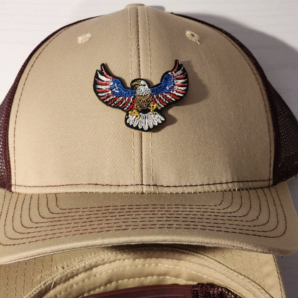 American Bald Eagle Flagged Khaki/Maroon Mesh Snapback Trucker Hat